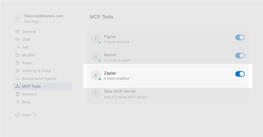 Cursor Tools 패널에 Zapier MCP가 추가된 화면