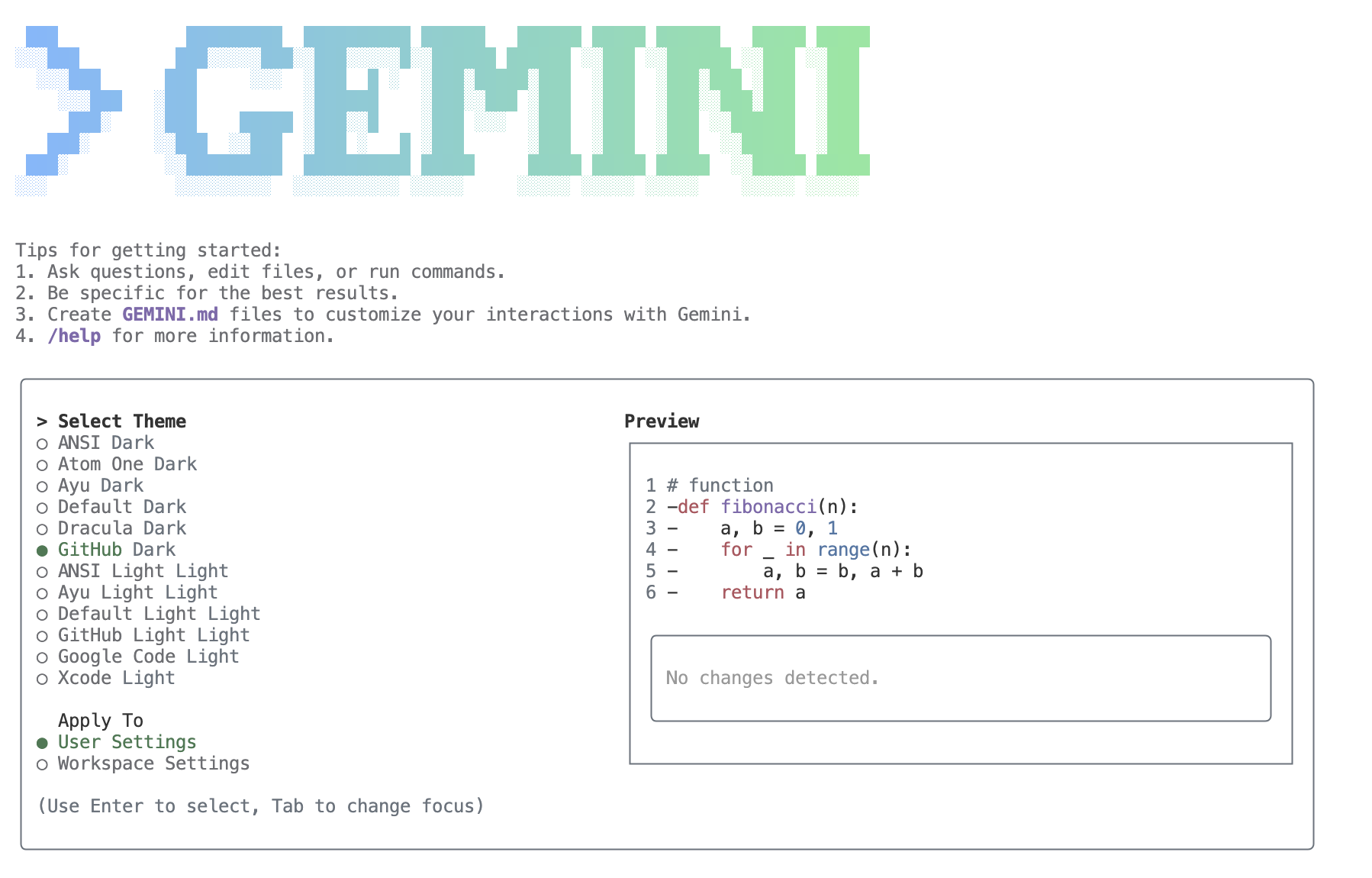 Gemini CLI 초기 테마 선택 화면