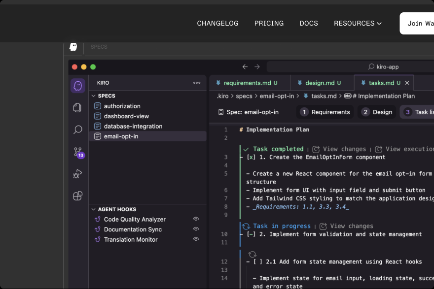 Kiro IDE 태스크 리스트 화면